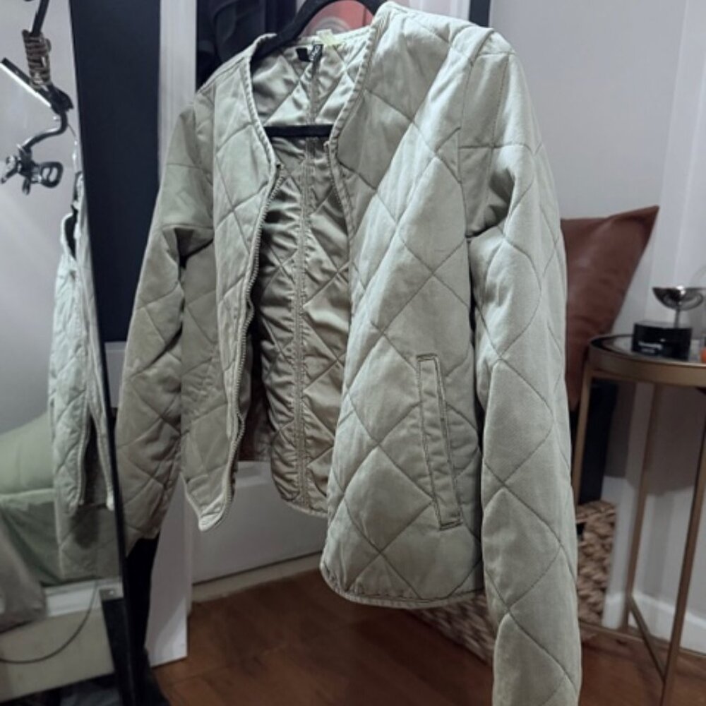 Quilted Jacket Lightweight Spring Khaki Olive Zip Front + Slit Pockets Size S